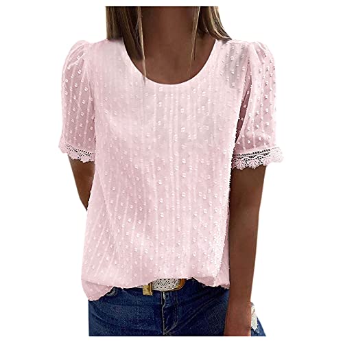 Alueeu Damen Bluse Casual Kurzarm Sommer T-Shirt Hemd Spitzenbluse Rundhals Bequeme Weiß Oberteil Mit Spitze Oberteile Tunika Tops Blusen Sale Spitze Elegant Damenblusen Trachtenbluse von Alueeu