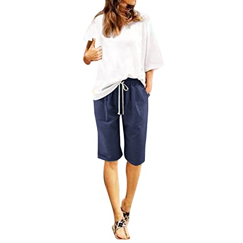 Alueeu Damen Casual Shorts Baumwolle Leichte Strandshorts Hohe Taille Große größen Shorts mit Tasche Leinen Sommerhose Kurz Stretch Weite Schlupfhose Laufshorts Locker Leinenhose von Alueeu