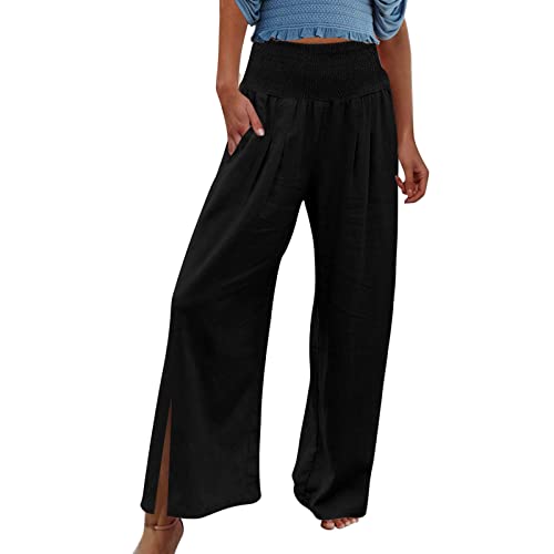 Damen Leinenhose Weite Beine Lang Hose Sommer Loose Freizeithose Strandhose Leinen Pants Frauen Einfarbig Leicht Lang Hosen Luftige Stoffhose Baumwollhose Sommerhose mit Taschen von Alueeu