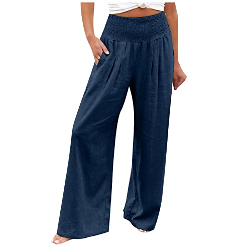 Damen Leinenhose Weite Beine Lang Hose Sommer Loose Freizeithose Strandhose Leinen Pants Frauen Einfarbig Leicht Lang Hosen Luftige Stoffhose Baumwollhose Sommerhose mit Taschen von Alueeu