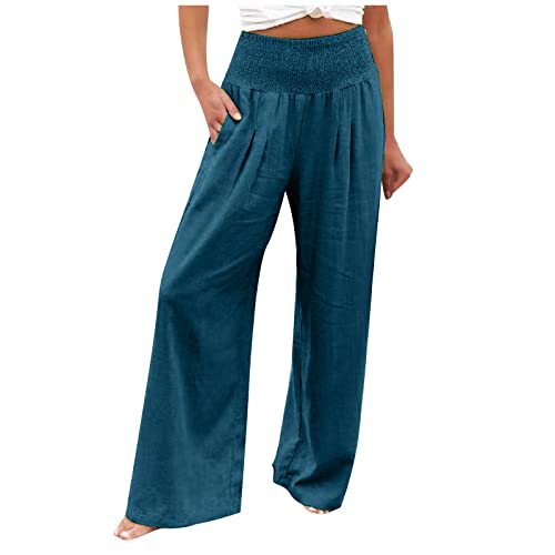 Damen Leinenhose Weite Beine Lang Hose Sommer Loose Freizeithose Strandhose Leinen Pants Frauen Einfarbig Leicht Lang Hosen Luftige Stoffhose Baumwollhose Sommerhose mit Taschen von Alueeu