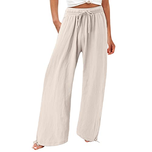 Damen Leinenhose Weite Beine Lang Hose Sommer Loose Freizeithose Strandhose Leinen Pants Frauen Einfarbig Leicht Lang Hosen Luftige Stoffhose Baumwollhose Sommerhose mit Taschen von Alueeu