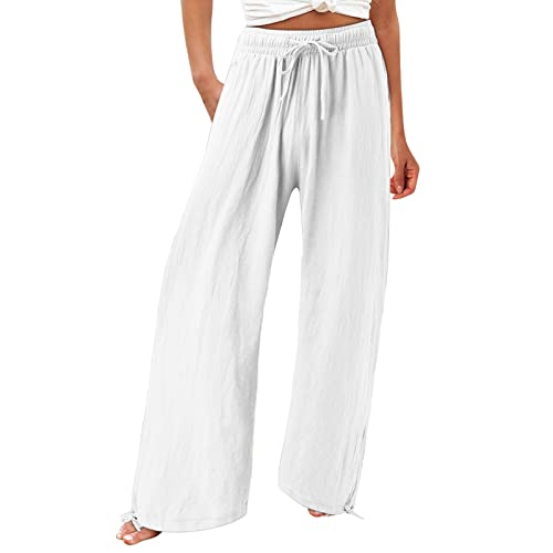 Damen Leinenhose Weite Beine Lang Hose Sommer Loose Freizeithose Strandhose Leinen Pants Frauen Einfarbig Leicht Lang Hosen Luftige Stoffhose Baumwollhose Sommerhose mit Taschen von Alueeu