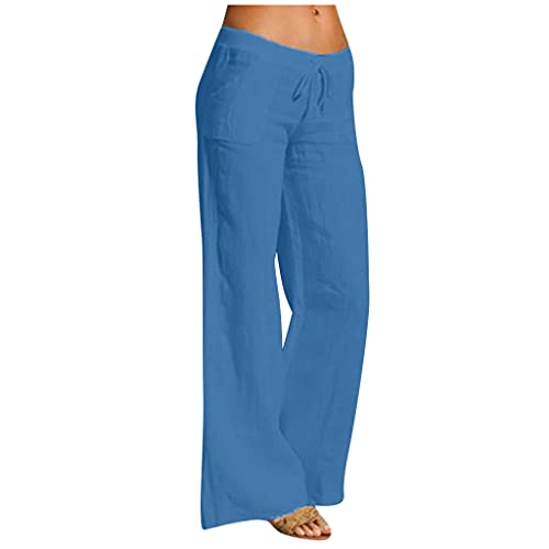 Alueeu Damen Leinenhose Weite Beine Lang Hose Sommer Loose Freizeithose Strandhose Leinen Pants Frauen Einfarbig Leicht Lang Hosen Luftige Stoffhose Baumwollhose Sommerhose mit Taschen, 2# Blau, XXL von Alueeu