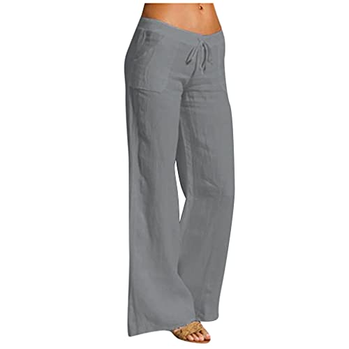 Alueeu Damen Leinenhose Weite Beine Lang Hose Sommer Loose Freizeithose Strandhose Leinen Pants Frauen Einfarbig Leicht Lang Hosen Luftige Stoffhose Baumwollhose Sommerhose mit Taschen, 2# Grau, XXL von Alueeu