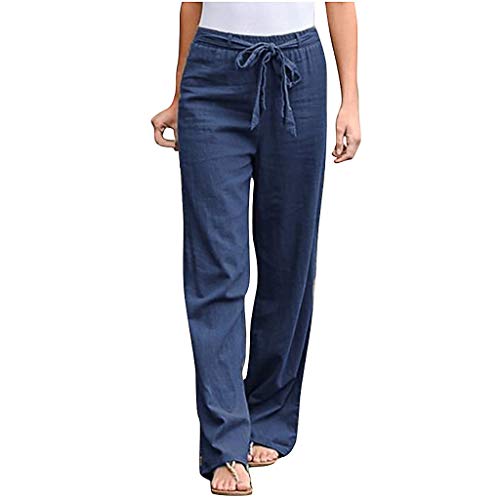 Alueeu Damen Leinenhose Weite Beine Lang Hose Sommer Loose Freizeithose Strandhose Leinen Pants Frauen Einfarbig Leicht Lang Hosen Luftige Stoffhose Baumwollhose Sommerhose mit Taschen, 3# Blau, 3XL von Alueeu