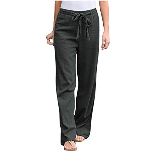 Alueeu Damen Leinenhose Weite Beine Lang Hose Sommer Loose Freizeithose Strandhose Leinen Pants Frauen Einfarbig Leicht Lang Hosen Luftige Stoffhose Baumwollhose Sommerhose mit Taschen, 3# Grau von Alueeu