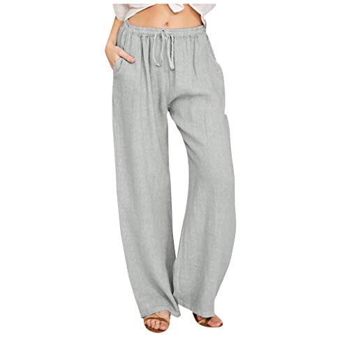 Damen Leinenhose Weite Beine Lang Hose Sommer Loose Freizeithose Strandhose Leinen Pants Frauen Einfarbig Leicht Lang Hosen Luftige Stoffhose Baumwollhose Sommerhose mit Taschen von Alueeu