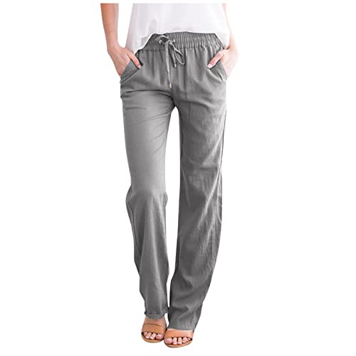 Alueeu Damen Leinenhose Weite Beine Lang Hose Sommer Loose Freizeithose Strandhose Leinen Pants Frauen Einfarbig Leicht Lang Hosen Luftige Stoffhose Baumwollhose Sommerhose mit Taschen, Z-grau von Alueeu