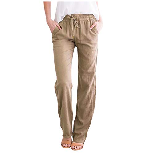 Alueeu Damen Leinenhose Weite Beine Lang Hose Sommer Loose Freizeithose Strandhose Leinen Pants Frauen Einfarbig Leicht Lang Hosen Luftige Stoffhose Baumwollhose Sommerhose mit Taschen, Z-khaki, XL von Alueeu