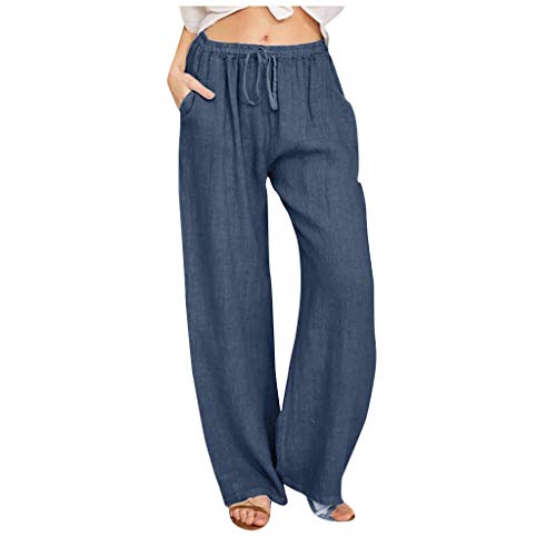 Damen Leinenhose Weite Beine Lang Hose Sommer Loose Freizeithose Strandhose Leinen Pants Frauen Einfarbig Leicht Lang Hosen Luftige Stoffhose Baumwollhose Sommerhose mit Taschen von Alueeu