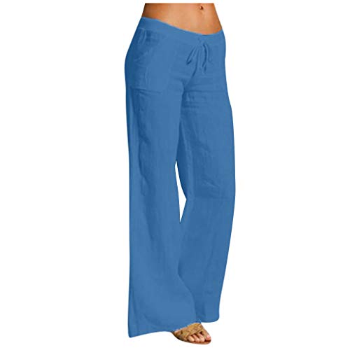 Alueeu Damen Leinenhose Weite Beine Lang Hose Sommer Loose Freizeithose Strandhose Leinen Pants Frauen Einfarbig Leicht Lang Hosen Luftige Stoffhose Baumwollhose Sommerhose mit Taschen, 1# Blau, 5XL von Alueeu