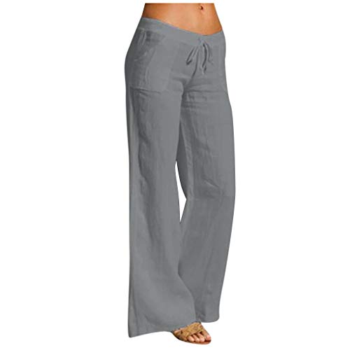 Alueeu Damen Leinenhose Weite Beine Lang Hose Sommer Loose Freizeithose Strandhose Leinen Pants Frauen Einfarbig Leicht Lang Hosen Luftige Stoffhose Baumwollhose Sommerhose mit Taschen, 1# Grau von Alueeu