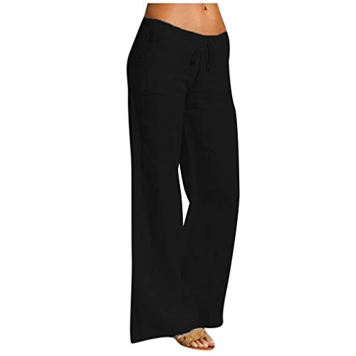 Alueeu Damen Leinenhose Weite Beine Lang Hose Loose Freizeithose Strandhose Leinen Pants Frauen Einfarbig Leicht Hosen Luftige Stoffhose Baumwollhose Sommerhose mit Taschen, 1# Schwarz, XXL von Alueeu