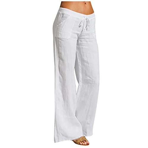 Alueeu Damen Leinenhose Weite Beine Lang Hose Sommer Loose Freizeithose Strandhose Leinen Pants Frauen Einfarbig Leicht Lang Hosen Luftige Stoffhose Baumwollhose Sommerhose mit Taschen, 3XL, 1# Weiß von Alueeu