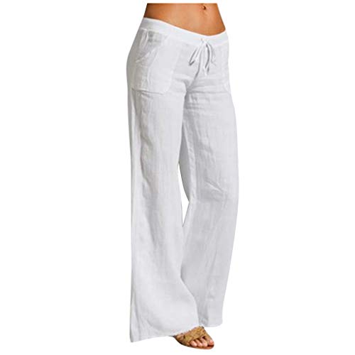 Alueeu Damen Leinenhose Weite Beine Lang Hose Sommer Loose Freizeithose Strandhose Leinen Pants Frauen Einfarbig Leicht Lang Hosen Luftige Stoffhose Baumwollhose Sommerhose mit Taschen, 1# Weiß von Alueeu