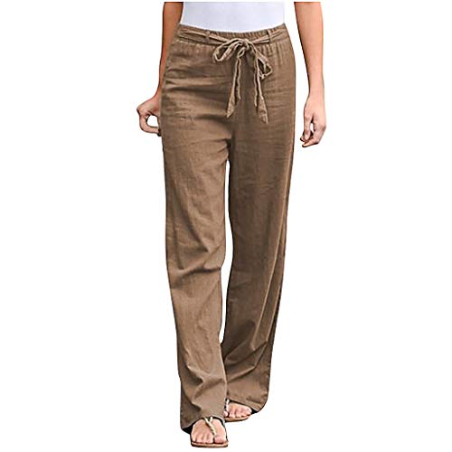 Alueeu Damen Leinenhose Weite Beine Lang Hose Sommer Loose Freizeithose Strandhose Leinen Pants Frauen Einfarbig Leicht Lang Hosen Luftige Stoffhose Baumwollhose Sommerhose mit Taschen, XL, 3# Khaki von Alueeu