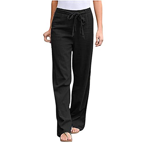 Damen Leinenhose Weite Beine Lang Hose Sommer Loose Freizeithose Strandhose Leinen Pants Frauen Einfarbig Leicht Lang Hosen Luftige Stoffhose Baumwollhose Sommerhose mit Taschen von Alueeu