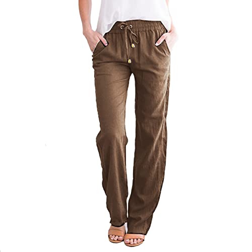 Alueeu Damen Leinenhose Weite Beine Lang Hose Sommer Loose Freizeithose Strandhose Leinen Pants Frauen Einfarbig Leicht Lang Hosen Stoffhose Baumwollhose Sommerhose mit Taschen, Z1-braun, XXL von Alueeu