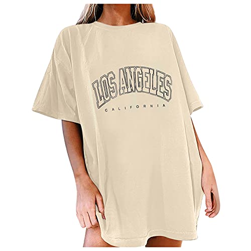 Damen Oversized T-Shirt Rundhals Kurzarm Top Sommer einfarbig Baumwolle breite Schulter T-Shirt mit mit Los Angeles Grafik Kreativen Buchstaben Vintage Drucken Streetwear Sport Casual Lang Tops von Alueeu