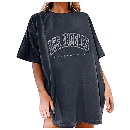 Damen Oversized T-Shirt Rundhals Kurzarm Top Sommer einfarbig Baumwolle breite Schulter T-Shirt mit mit Los Angeles Grafik Kreativen Buchstaben Vintage Drucken Streetwear Sport Casual Lang Tops von Alueeu