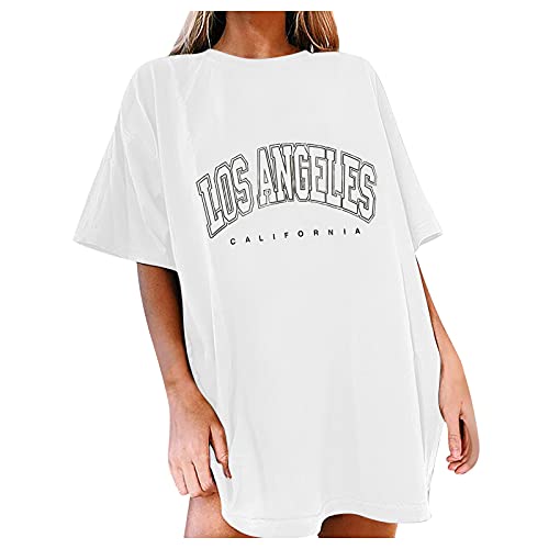 Damen Oversized T-Shirt Rundhals Kurzarm Top Sommer einfarbig Baumwolle breite Schulter T-Shirt mit mit Los Angeles Grafik Kreativen Buchstaben Vintage Drucken Streetwear Sport Casual Lang Tops von Alueeu