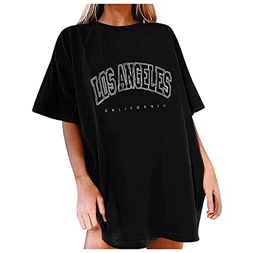 Damen Oversized T-Shirt Rundhals Kurzarm Top Sommer einfarbig Baumwolle breite Schulter T-Shirt mit mit Los Angeles Grafik Kreativen Buchstaben Vintage Drucken Streetwear Sport Casual Lang Tops von Alueeu