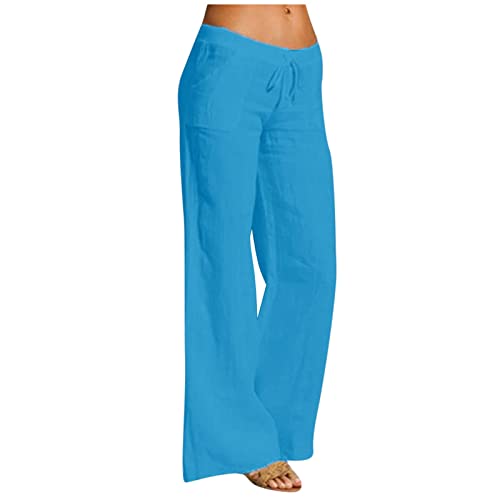 Alueeu Damen Sommerhose Leinen Leicht Freizeithose Frauen Straight Weite Beine Hose Leinenhose Lange Loose Beach Pants Mädchen Strandhose Fit Hosen Lässige Stoffhose, Z1-blau, 5XL von Alueeu