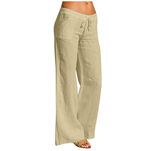 Alueeu Damen Sommerhose Leinen Leicht Frauen Straight Weite Beine Hose Leinenhose Lange Loose Beach Pants Mädchen Strandhose Fit Hosen Lässige Stoffhose Jogginghose Yogahose, Z1-beige, 5XL von Alueeu