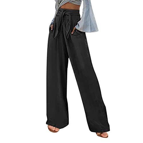 Alueeu Damen Sommerhose Leinen Leicht Freizeithose Frauen Straight Weite Beine Hose Leinenhose Lange Loose Beach Pants Mädchen Strandhose Fit Hosen Lässige Stoffhose Jogginghose Yogahose, Z3-schwarz von Alueeu