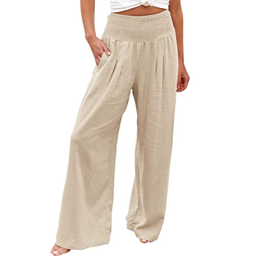 Alueeu Damen Leinen Frauen Straight Weite Beine Hose Leinenhose Lange Loose Beach Pants Mädchen Casual Strandhose Loose Fit Hosen Lässige Stoffhose Jogginghose Yogahose, Z2-beige, XL von Alueeu