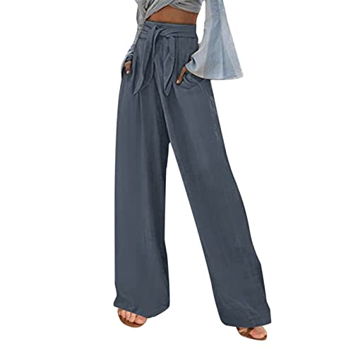 Alueeu Damen Sommerhose Leinen Leicht Freizeithose Frauen Straight Weite Beine Hose Leinenhose Lange Loose Beach Pants Mädchen Strandhose Fit Hosen Lässige Stoffhose Jogginghose Yogahose, Z3-grau von Alueeu