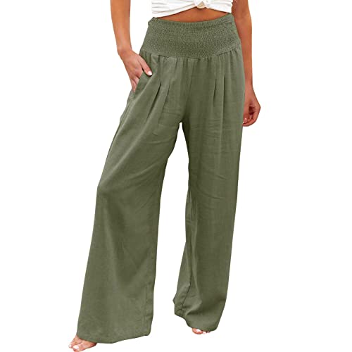 Alueeu Damen Leinen Frauen Straight Weite Beine Hose Leinenhose Lange Loose Beach Pants Mädchen Casual Strandhose Loose Fit Hosen Lässige Stoffhose Jogginghose Yogahose, Z2-army Green von Alueeu