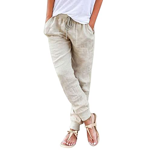 Alueeu Damen Sommerhose Leinen Leicht Freizeithose Straight Weite Beine Hose Leinenhose Lange Loose Beach Pants Mädchen Casual Strandhose Loose Fit Hosen Stoffhose Jogginghose Yogahose, Z5-khaki von Alueeu