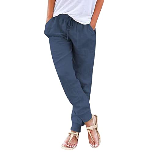 Alueeu Damen Sommerhose Leinen Leicht Straight Weite Beine Hose Leinenhose Lange Loose Beach Pants Mädchen Casual Strandhose Loose Fit Hosen Stoffhose Jogginghose Yogahose, Z5-dunkelblau, 3XL von Alueeu