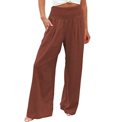 Alueeu Damen Sommerhose Leinen Leicht Freizeithose Frauen Straight Weite Beine Hose Leinenhose Pants Mädchen Casual Strandhose Fit Hosen Lässige Stoffhose Jogginghose Yogahose, Z2-braun von Alueeu