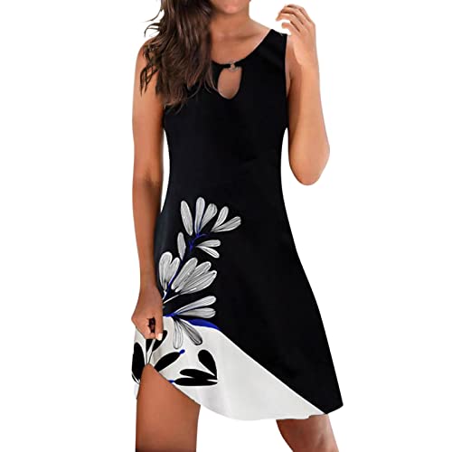 Alueeu Damen Sommerkleid Sommerkleider Kurz Knielang Weiß A Linie Leicht 48 XXL Strandkleid Partykleid Swing Kleid Ärmelloses Tank Minikleider Strandkleider Midikleid Freizeitkleid, Z7-blau von Alueeu