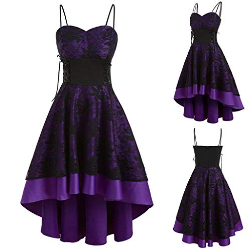 Gothic Kleid Damen Spitze Vintage A Line Swing Cocktail Lang Kleider Trägerkleid Korsett Abendkleid Retro Spaghetti Partykleid Halloween Fasching Kostüm Kleidung von Alueeu