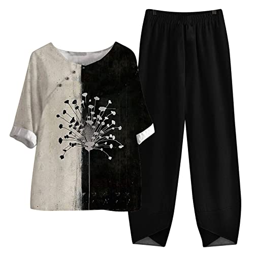 Alueeu Hausanzug Damen Set Sommer Lässige Freizeitanzug 2-teilig Leicht Elegant Loungewear Loose Oberteile und Hosen Gedruckt Leinen Damenbluse Festlich Outfit Sportanzug Streetwear von Alueeu