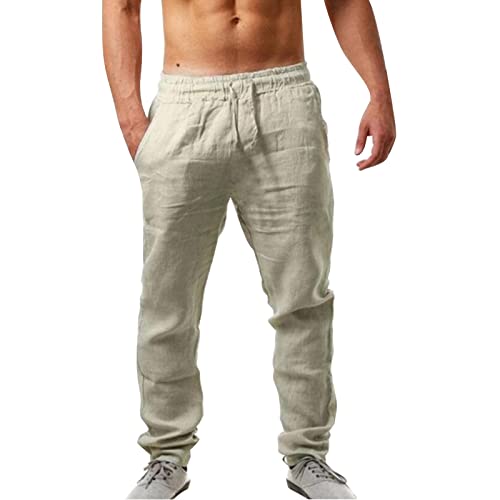 Herren Leinenhose Lang Leicht Sommerhose Loose Fit Freizeithose für Urlaub Strand Alltag von Alueeu