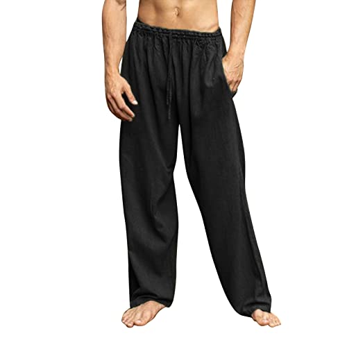 Herren Leinenhose Lang Sommerhose mit Kordelzug Beiläufige Loose Leinenhosen Plus Size Jogging Hose Leicht Chinohose Leinen Freizeithose Urlaub Leinenhosen für Männer von Alueeu