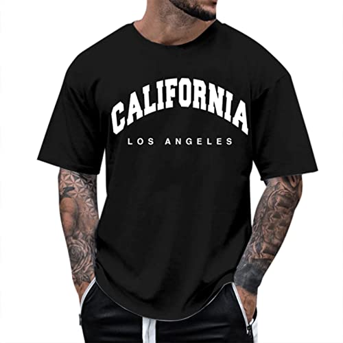 Alueeu Herren Oversized Tshirt Rundhals Kurzarm Lose Sommer Oberteile Mode T-Shirt mit Los Angeles Grafik Kreativen Buchstaben Vintage Drucken Streetwear Sport Casual Lang Tops, A-001 Schwarz, XXL von Alueeu