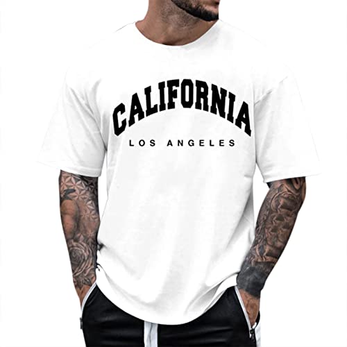 Herren Oversized Tshirt Rundhals Kurzarm Lose Sommer Oberteile Mode T-Shirt mit Los Angeles Grafik Kreativen Buchstaben Vintage Drucken Streetwear Sport Casual Lang Tops von Alueeu