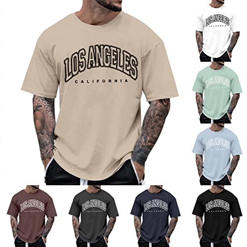 Alueeu Herren Oversized Tshirt Rundhals Kurzarm Lose Sommer Oberteile Mode T-Shirt mit Los Angeles Grafik Kreativen Buchstaben Vintage Drucken Streetwear Sport Casual Lang Tops, XL von Alueeu