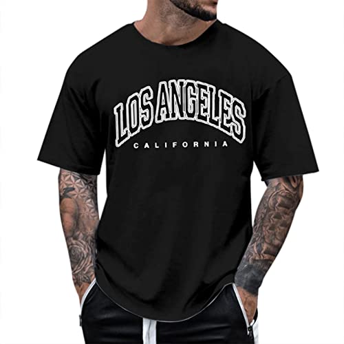 Alueeu Herren Oversized Tshirt Rundhals Kurzarm Lose Sommer Oberteile Mode T-Shirt mit Los Angeles Grafik Kreativen Buchstaben Vintage Drucken Streetwear Sport Casual Lang Tops, XL von Alueeu