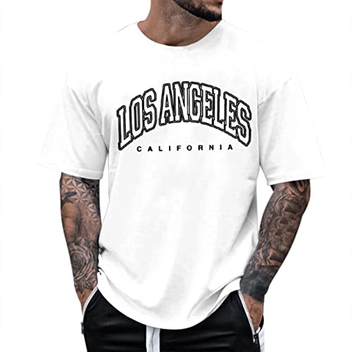 Alueeu Herren Oversized Tshirt Rundhals Kurzarm Lose Sommer Oberteile Mode T-Shirt mit Los Angeles Grafik Kreativen Buchstaben Vintage Drucken Streetwear Sport Casual Lang Tops von Alueeu