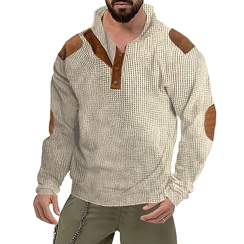 Herren Waffel Langarm Top V-Ausschnitt Knopfleiste Langarmshirt Farbblock Casual Langärmeliges Waffel-Shirt Normale Passform Retro Henley Shirt Knopf Lange Ärmel Tshirt Herbst Winter Pulli Jumper von Alueeu