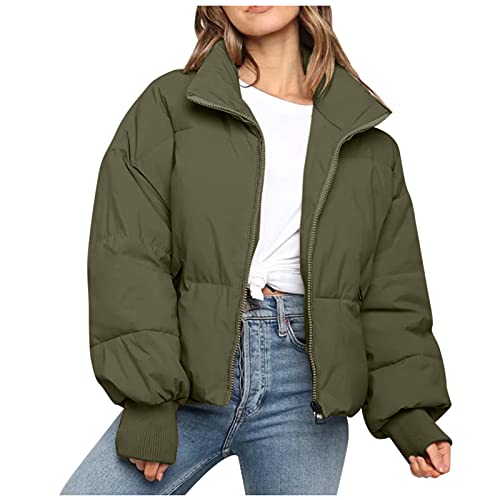 Alueeu Kurze Daunenjacke Damen ohne Kapuze Leicht Winter Winterjacke Wintermantal Winterparka Übergangsmantel Mantel Fleecejacke Steppjacke Outdoorjacke Softshelljacke Übergangsjacke, XS, Armeegrün von Alueeu