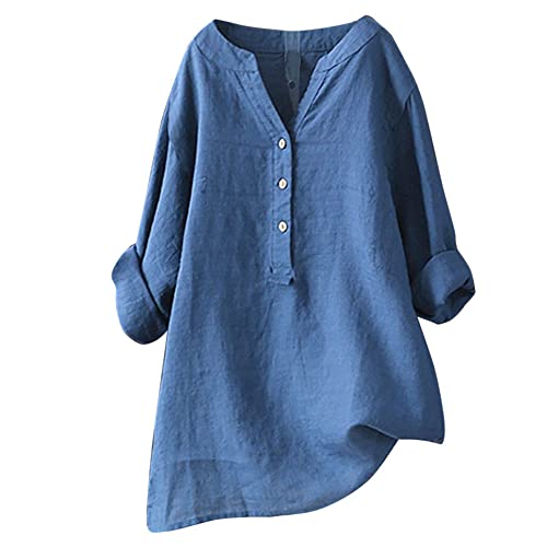 Alueeu Lange Leinenbluse Damen Vintage Einfarbig Oversize Tshirt Baumwolle Leinen Bluse Tunika Shirt Langarm V-Ausschnitt T-Shirt Locker Blusenshirt Pullover Tops Longbluse Hemd, Z3-blau, 3XL von Alueeu