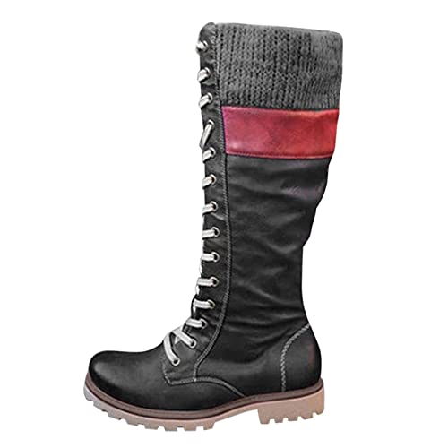 Leder Stiefel Damen Schwarz kniehoch Braun 42 Flach Beige Gefüttert Winterstiefel Winterschuhe Flach Stiefel Boots Schuhe Winterboots Schneeschuhe Klassische Schneestiefel Schnürstiefel Arbeitsstiefel von Alueeu